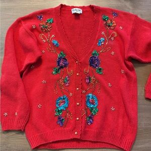 Vintage 1980’s beaded/sequined  Red cardigan